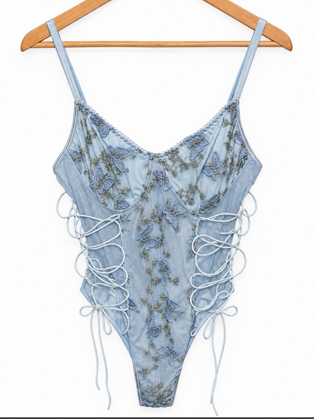 SHEIN Light Blue Embroidered Lace-Up Chemise Bodysuit
